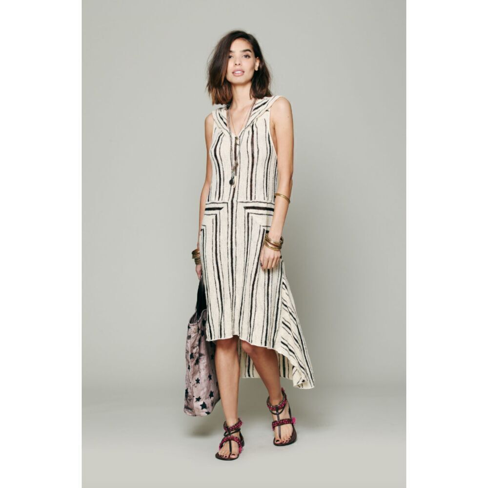 FREE PEOPLE Intimately Cream Black Striped Knit Hooded High Low Boho Dress Small
